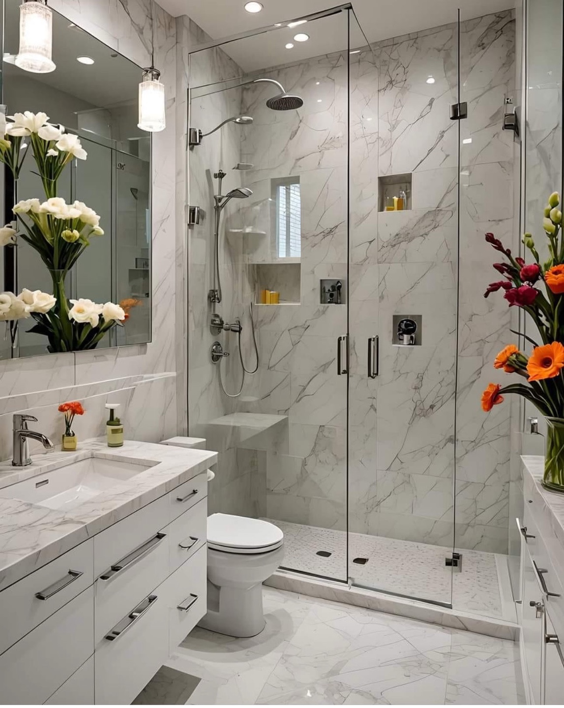 Finished bathroom with marble surround and frameless glass